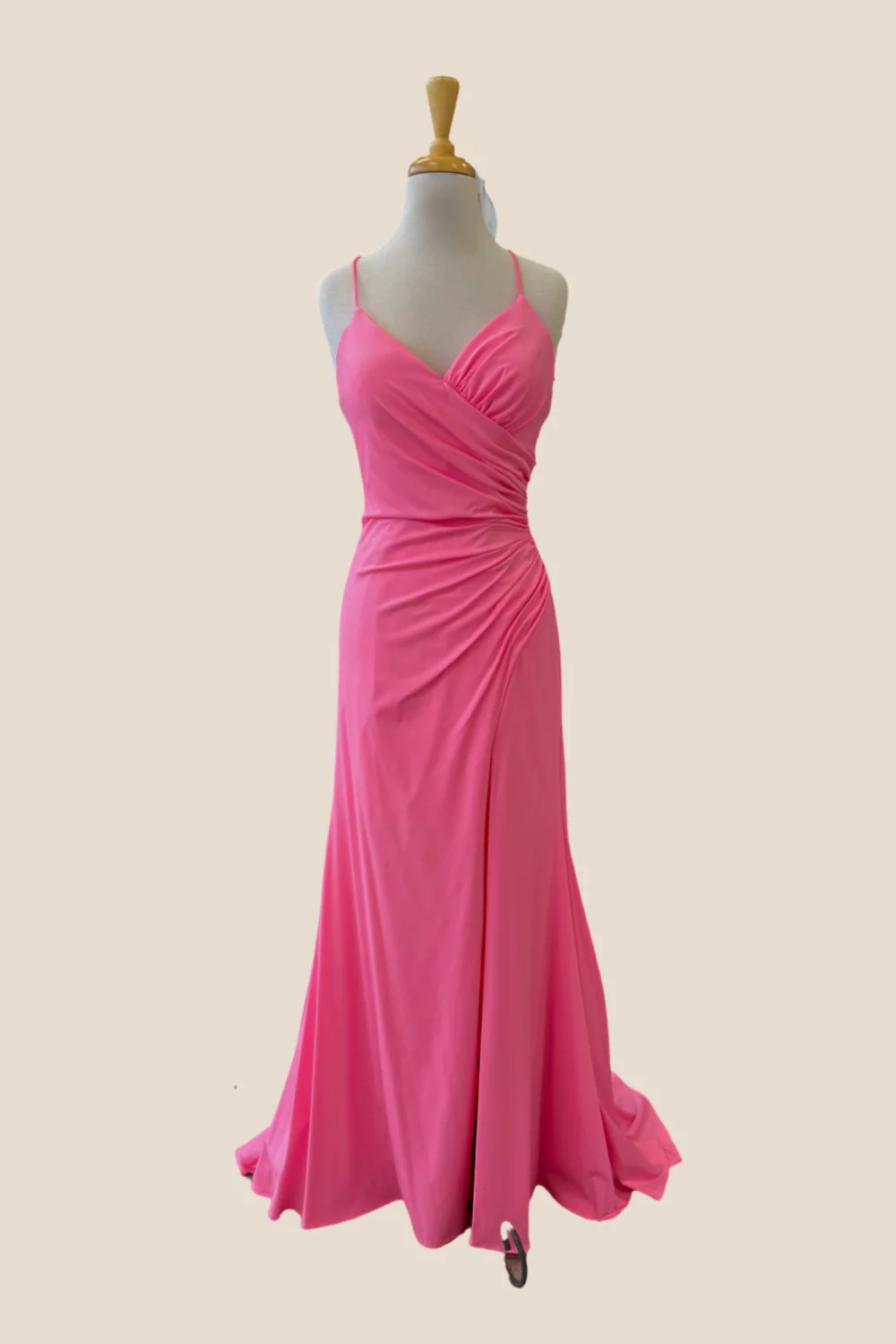 V-neck Bubblegum Pink Ruched Mermaid Long Dress - Image 2