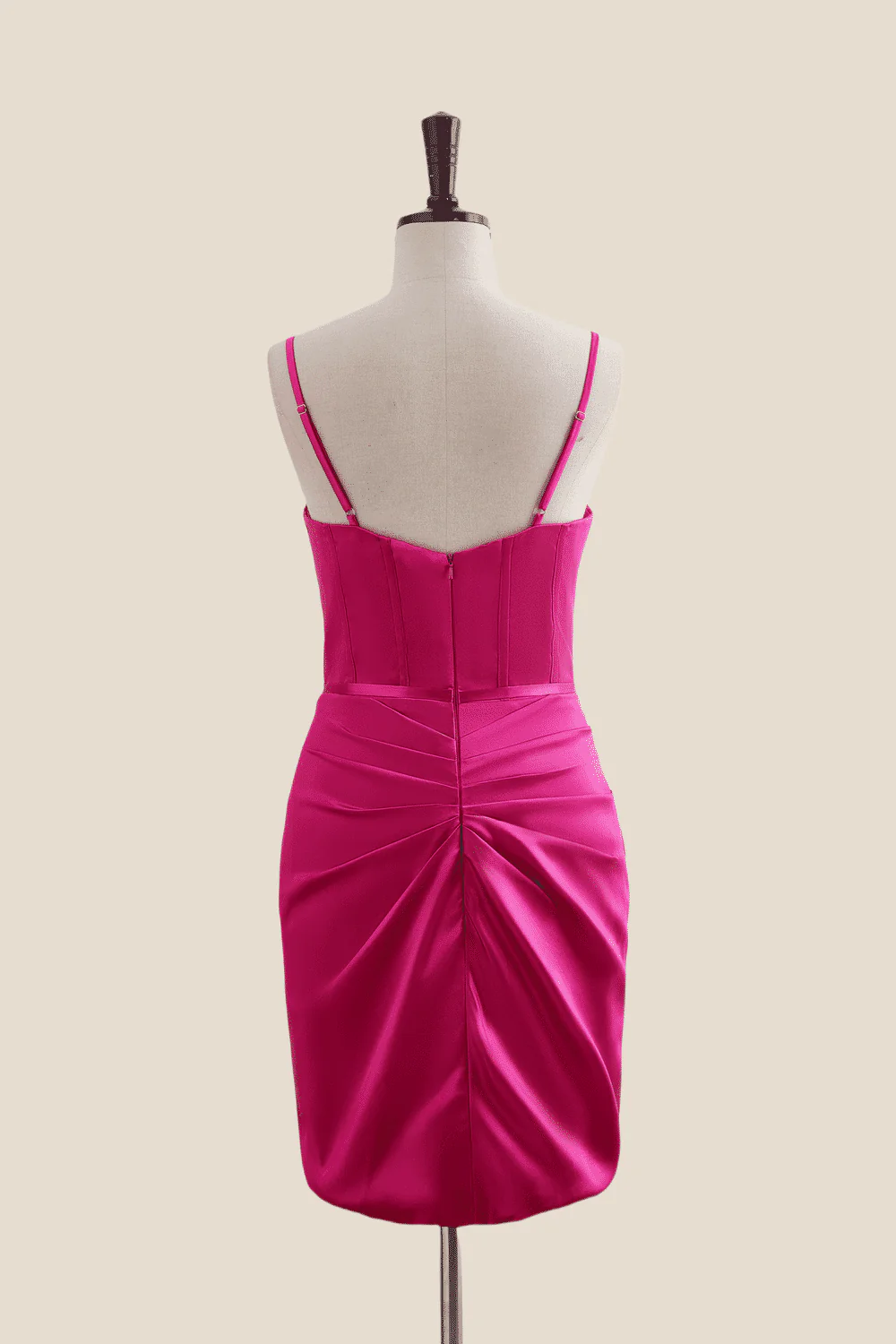 V Neck Hot Pink Ruched Bodycon Short Dress - Image 2
