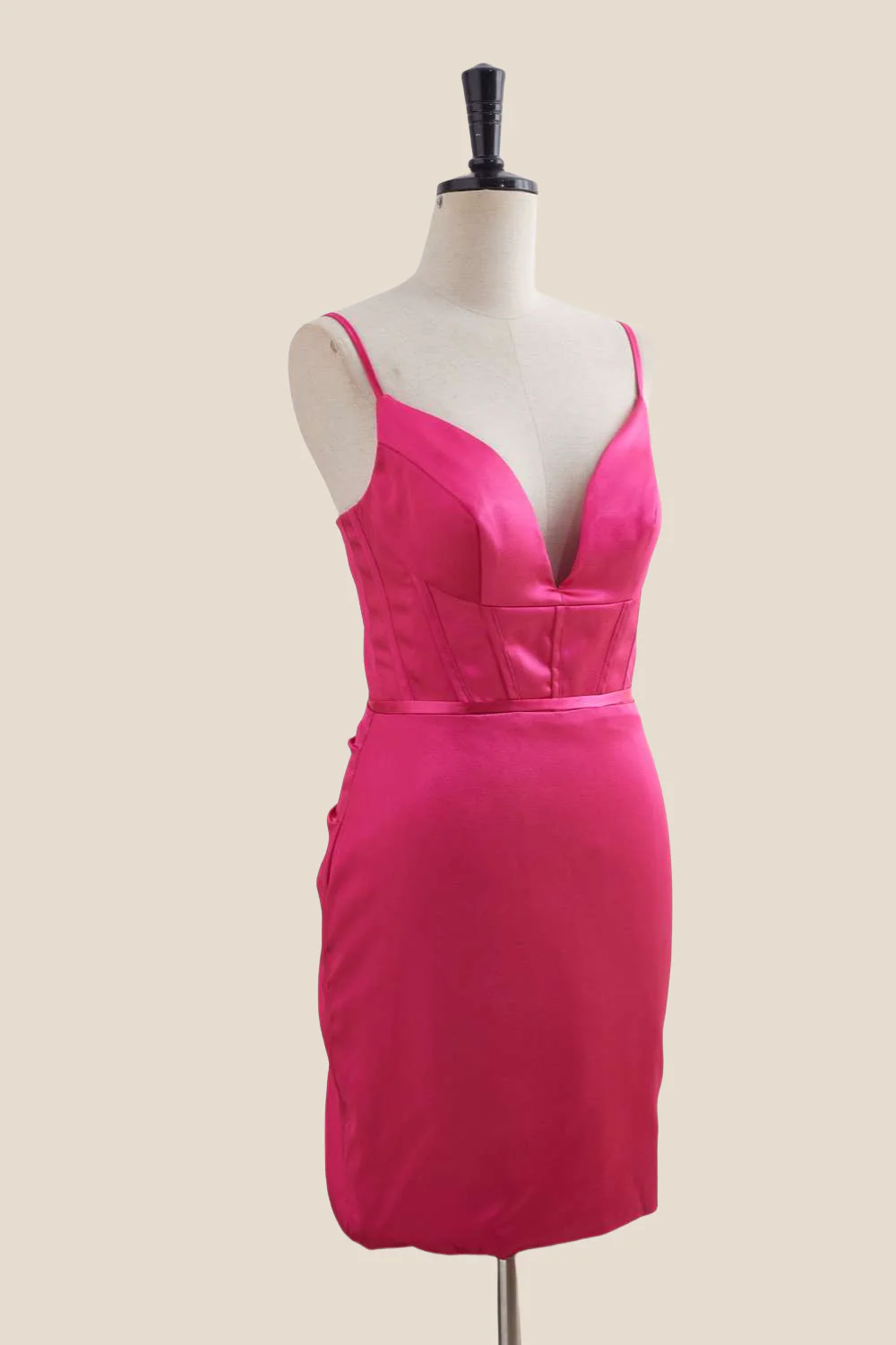V Neck Hot Pink Ruched Bodycon Short Dress - Image 3