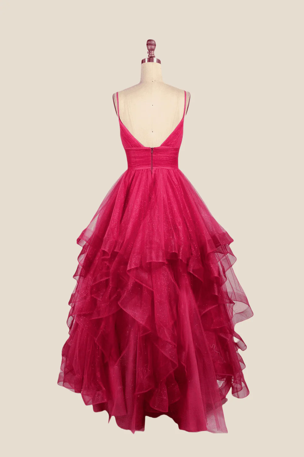 V-neck Hot Pink Irregular Hem A-line Long Dress - Image 2