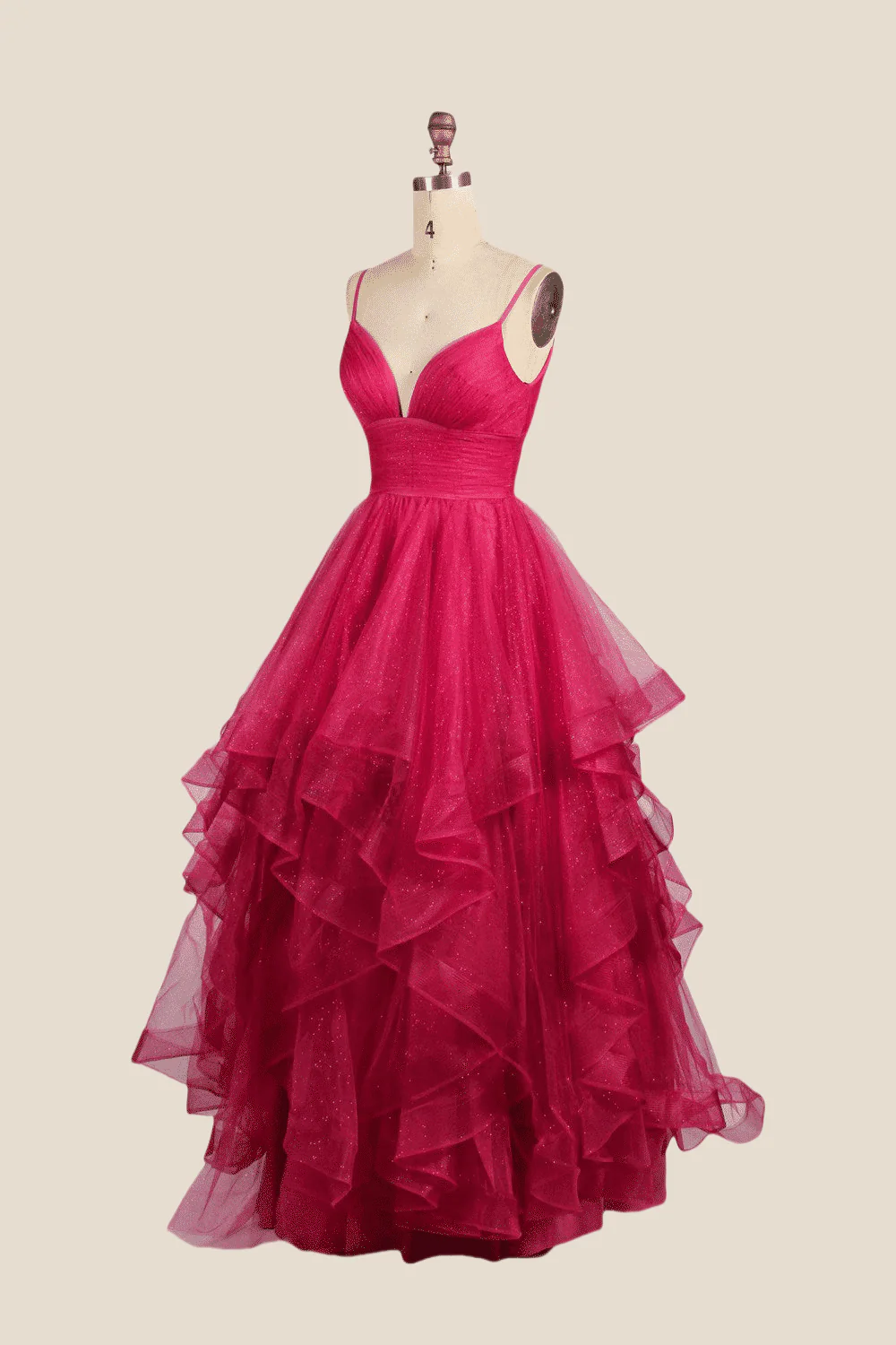 V-neck Hot Pink Irregular Hem A-line Long Dress - Image 3