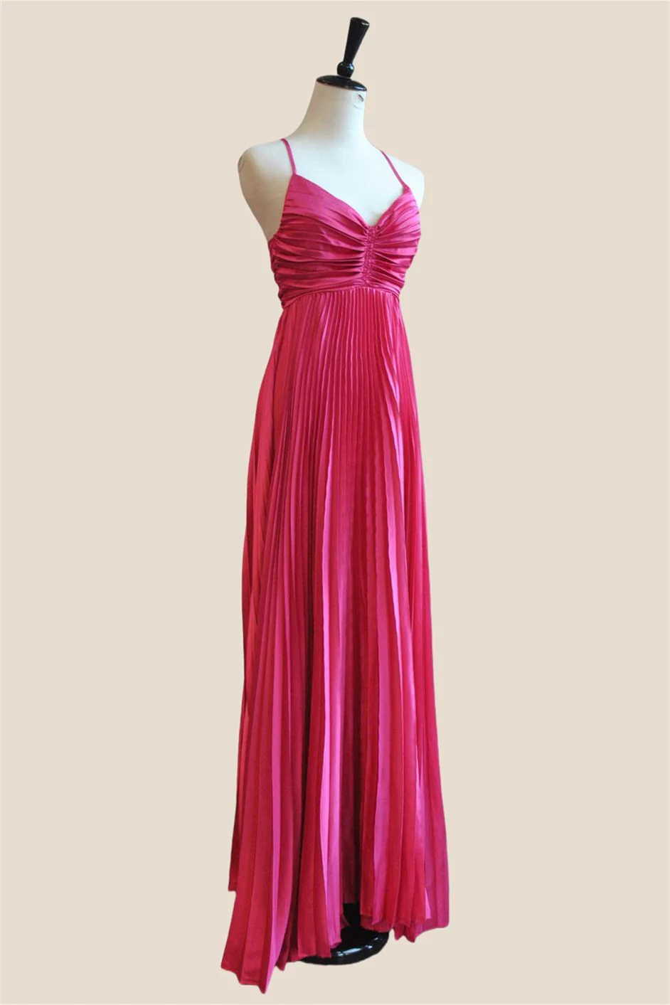 V-neck Hot Pink Pleated A-line Long Dress - Image 6