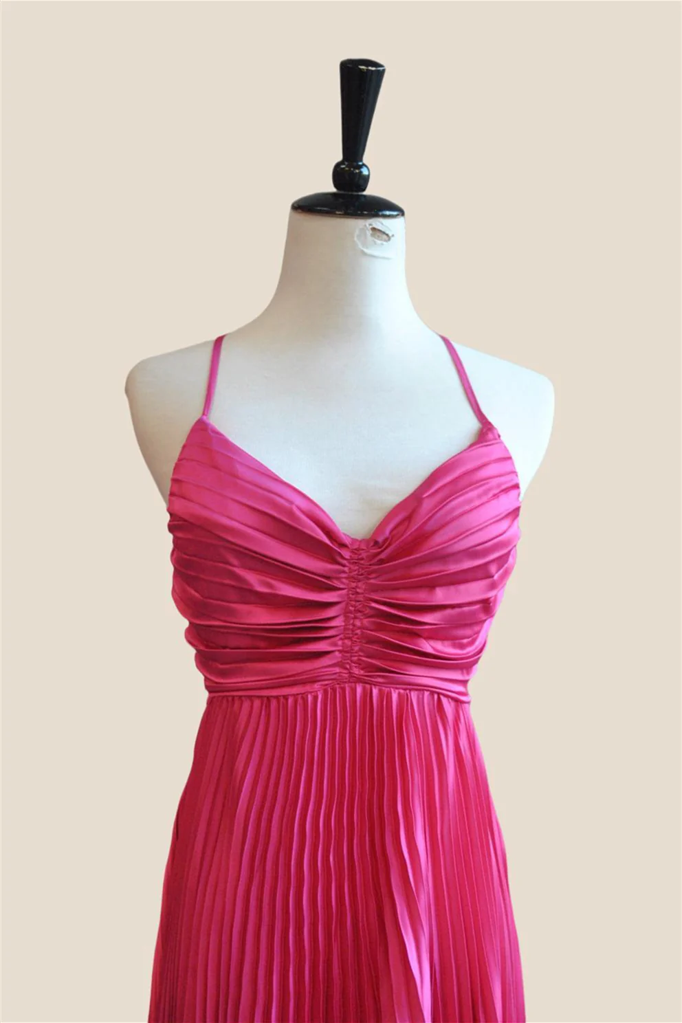 V-neck Hot Pink Pleated A-line Long Dress - Image 7