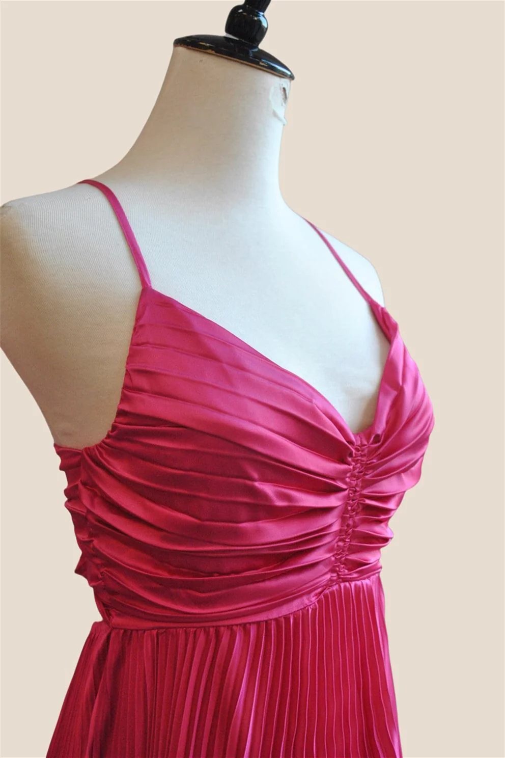 V-neck Hot Pink Pleated A-line Long Dress - Image 8