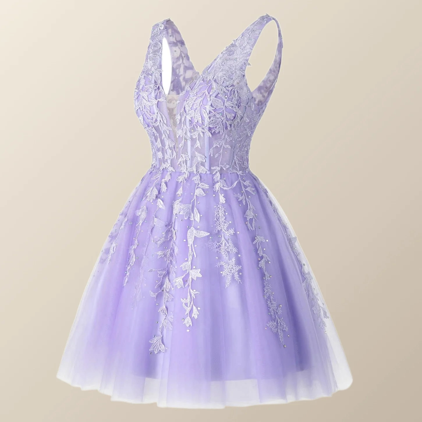 V Neck Lavender Appliques A-line Short Homecoming Dress - Image 3