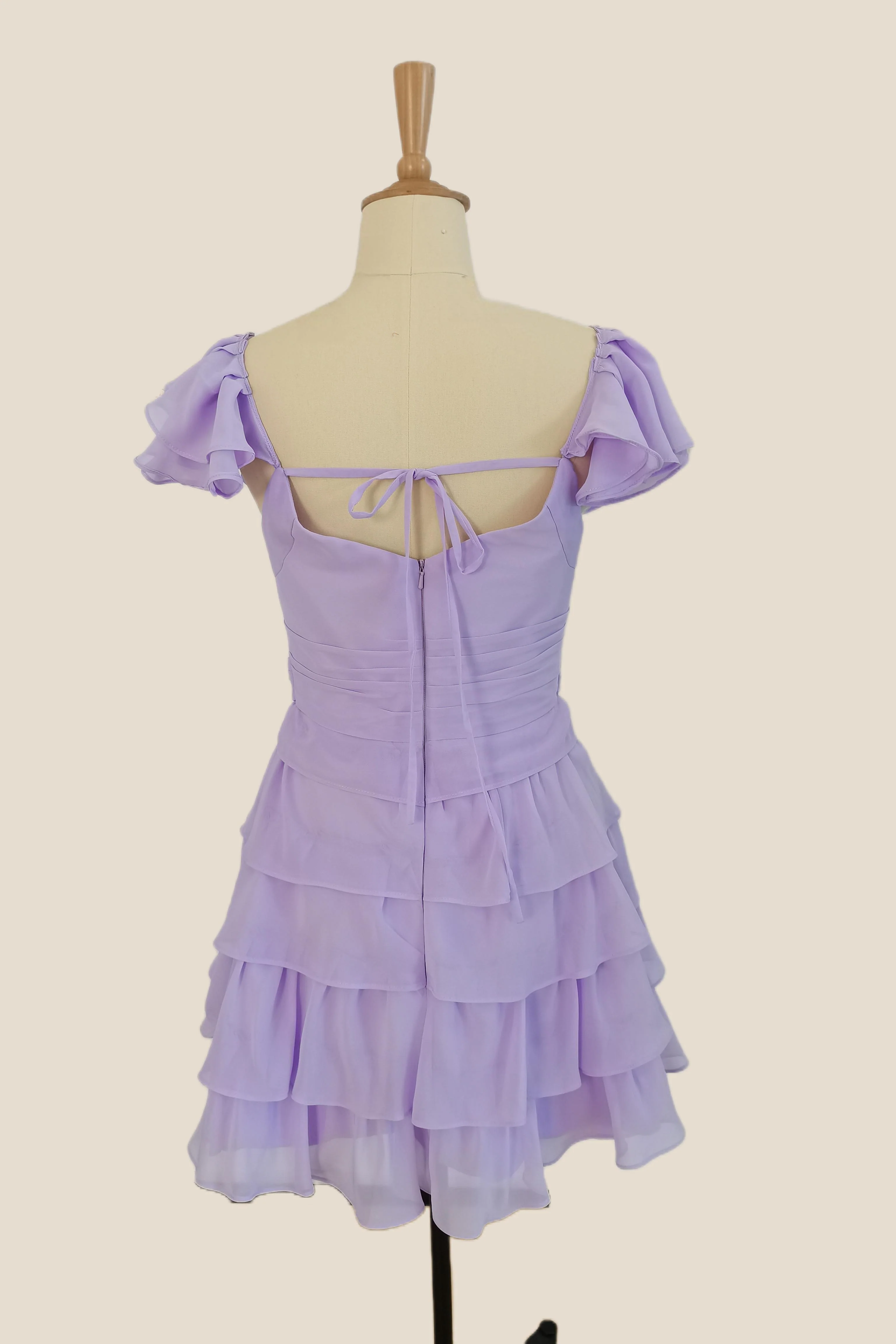 V Neck Lavender Layered Chiffon Short Dress - Image 2