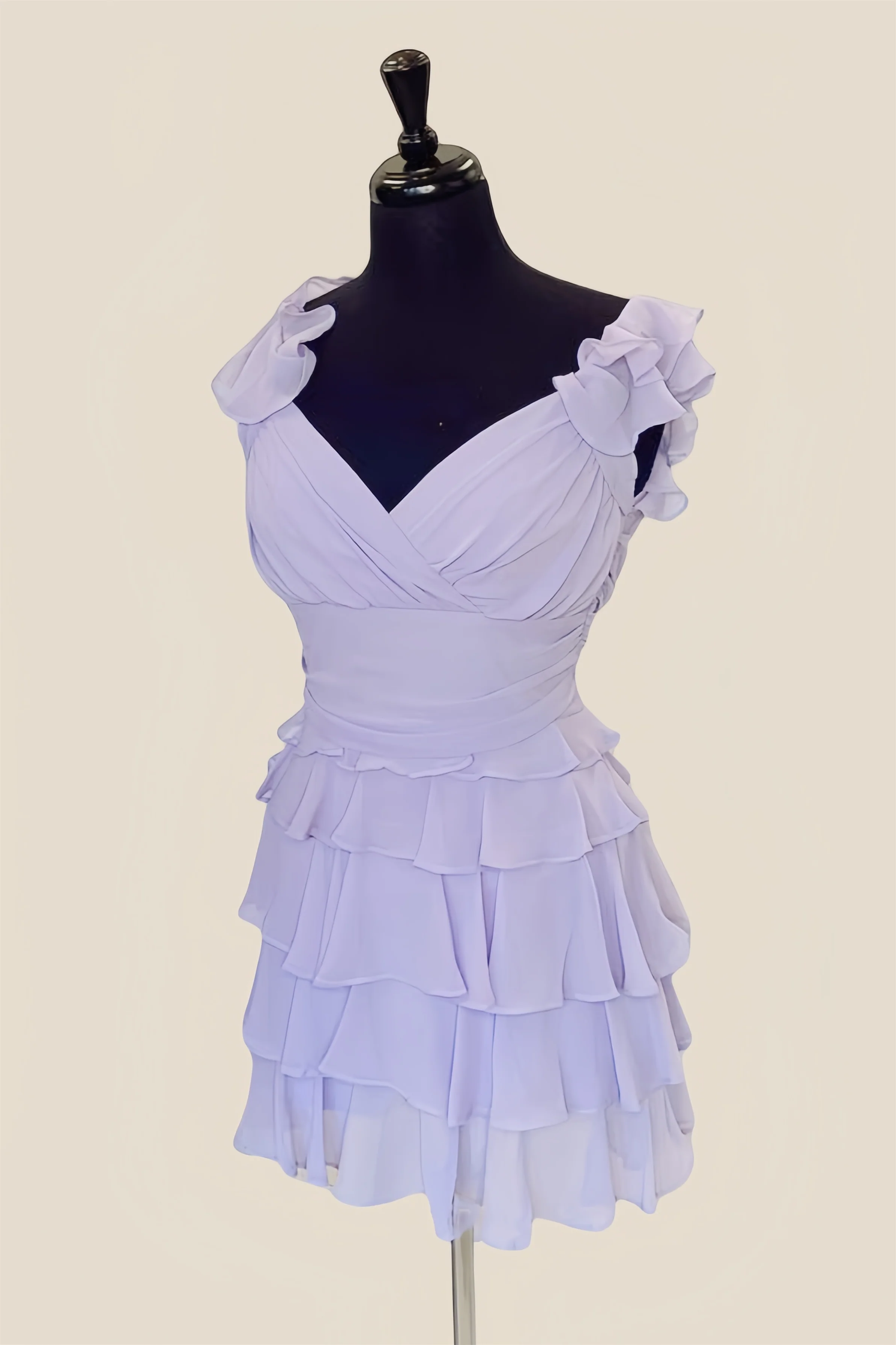 V Neck Lavender Layered Chiffon Short Dress - Image 3