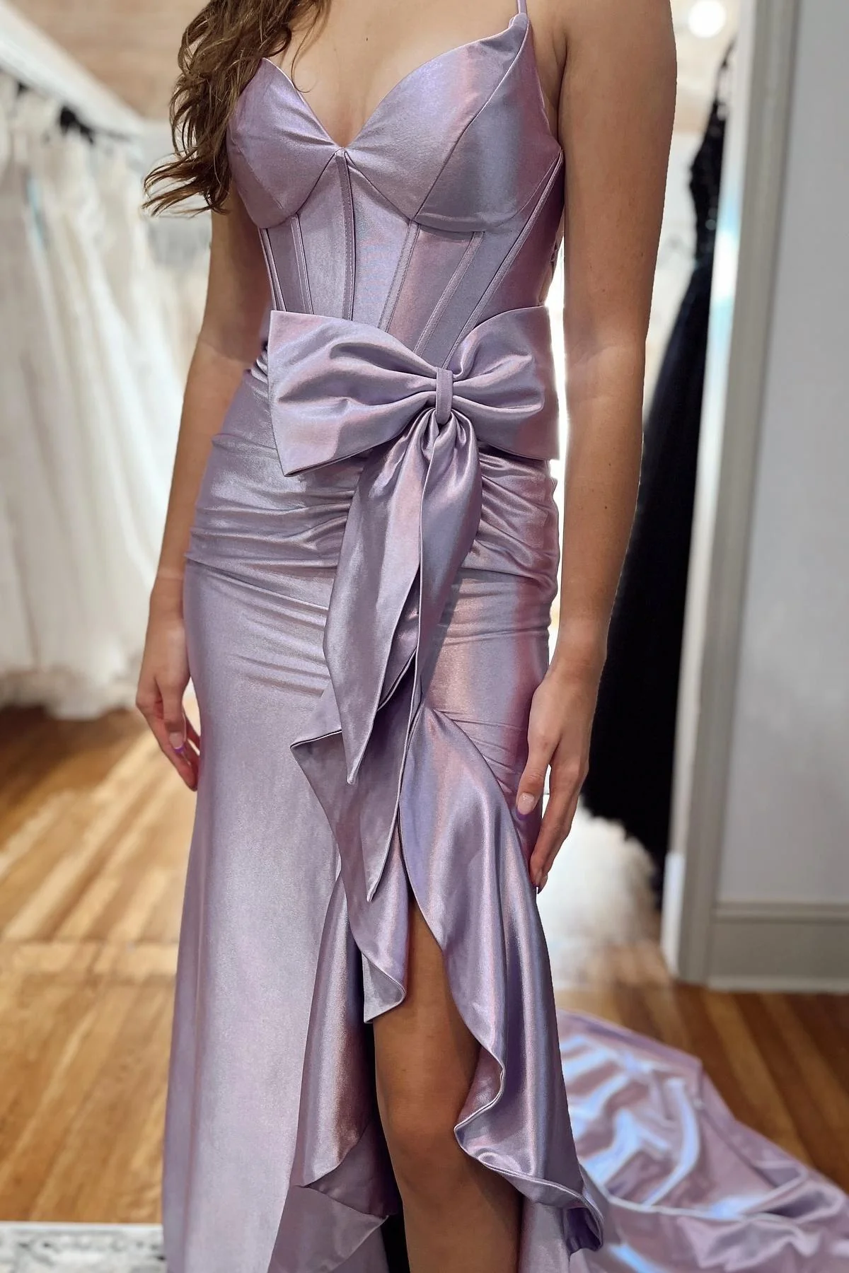 V-neck Light Blue Bow Front Mermaid Long Dress - Image 4