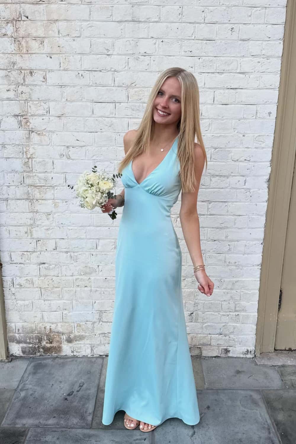 V Neck Light Blue Satin Long Dress - Image 2