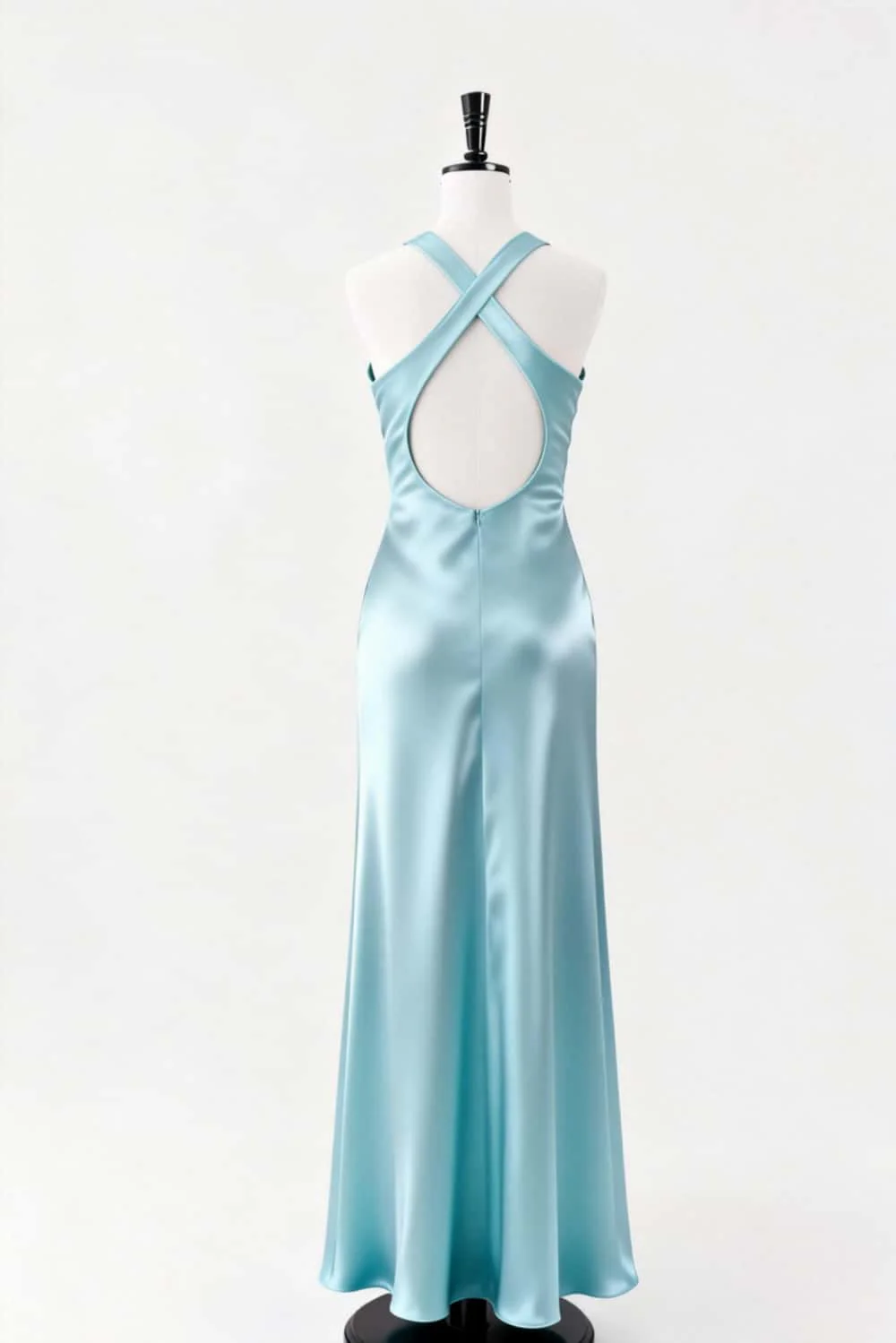 V Neck Light Blue Satin Long Dress - Image 3