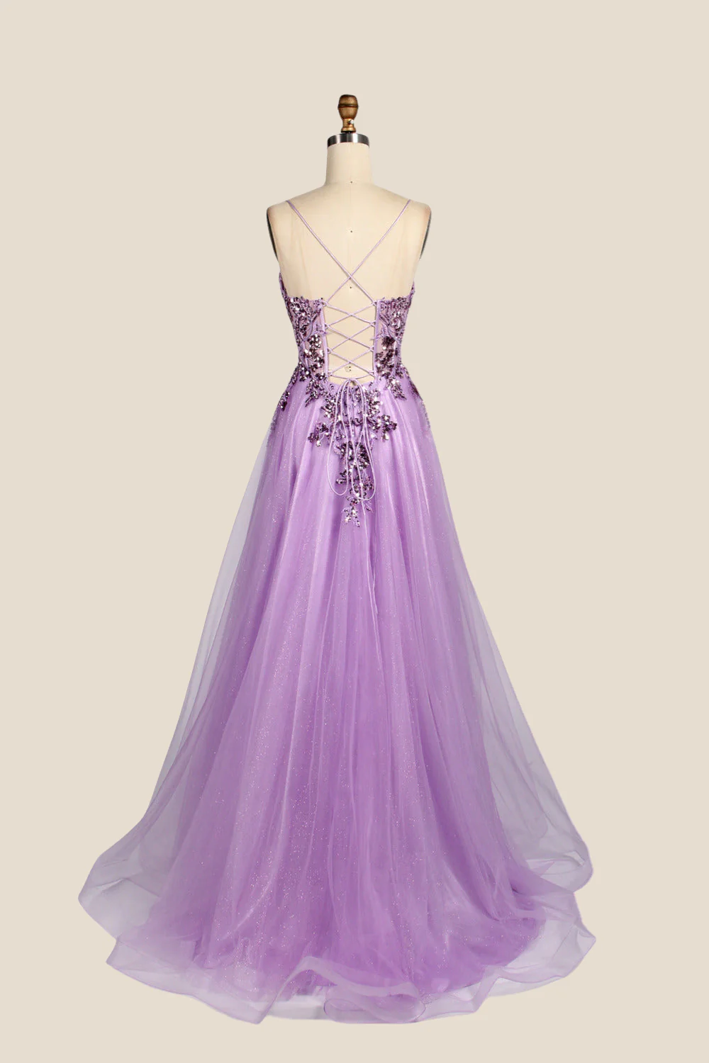 V-neck Lilac Sequin A-line Long Tulle Dress - Image 2