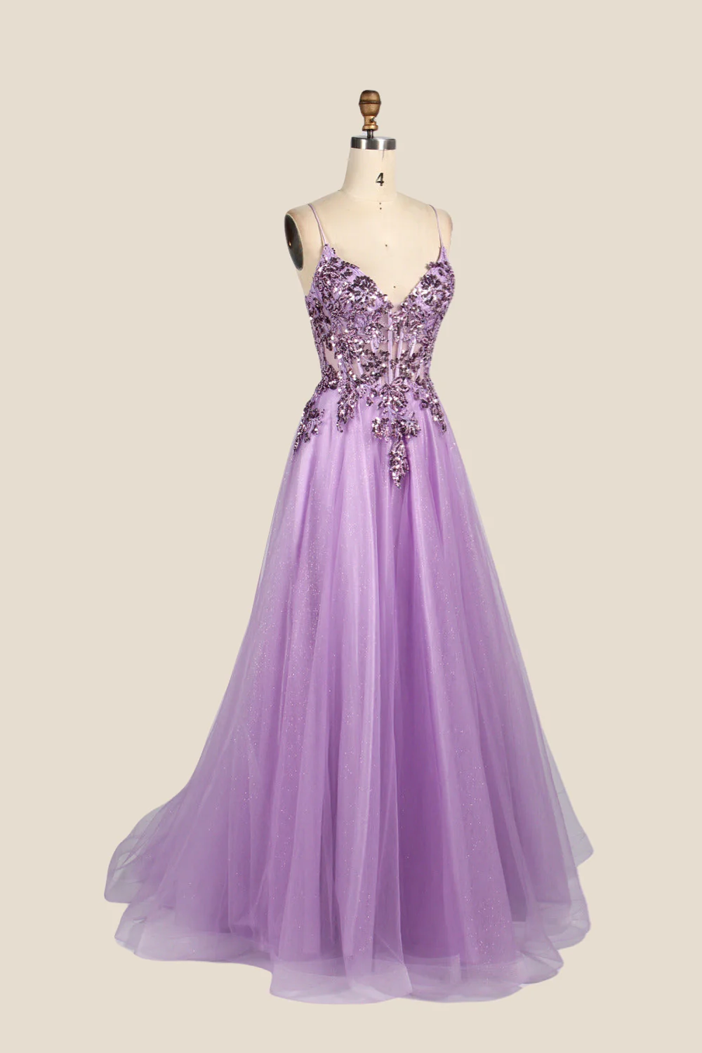 V-neck Lilac Sequin A-line Long Tulle Dress - Image 3