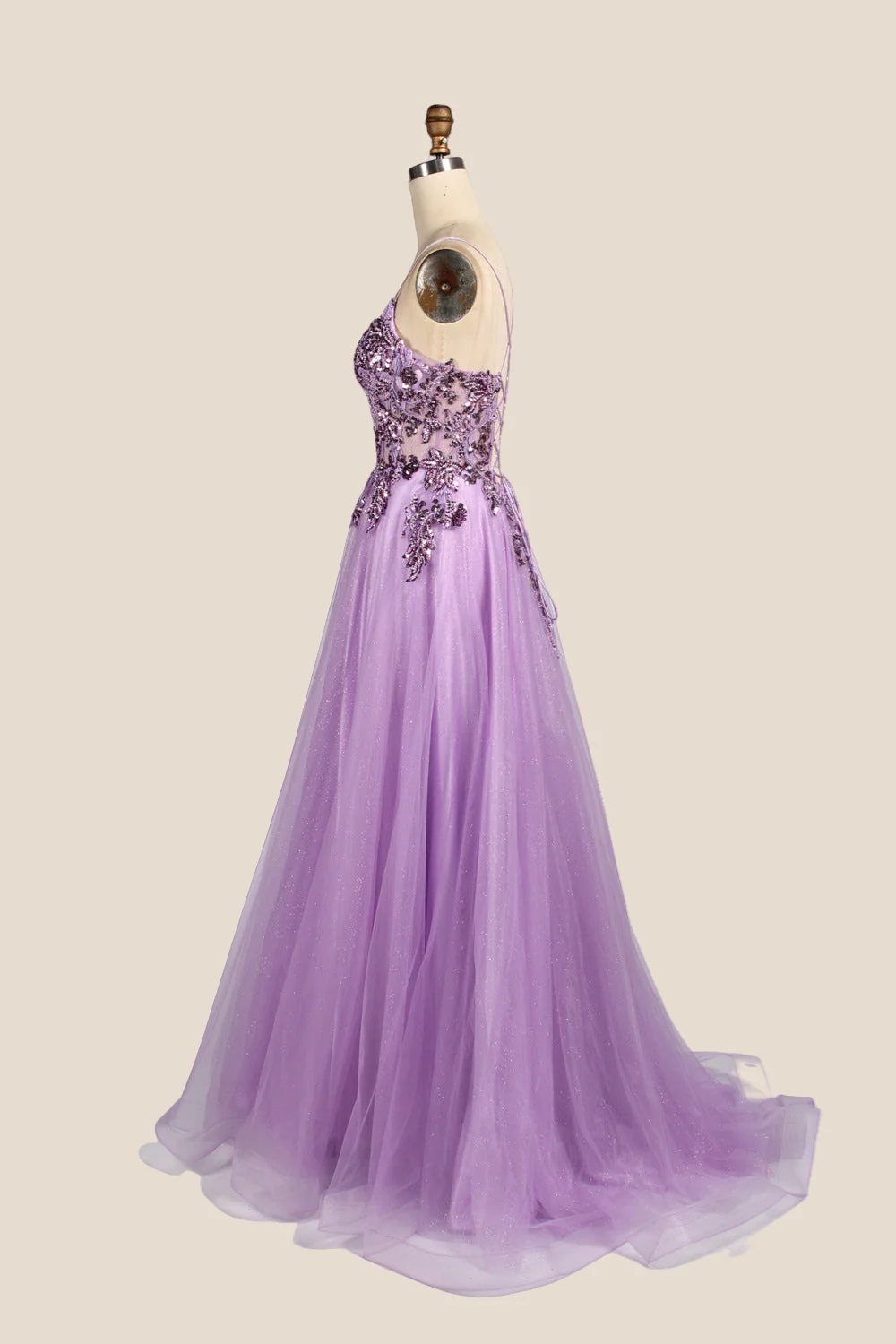 V-neck Lilac Sequin A-line Long Tulle Dress - Image 4