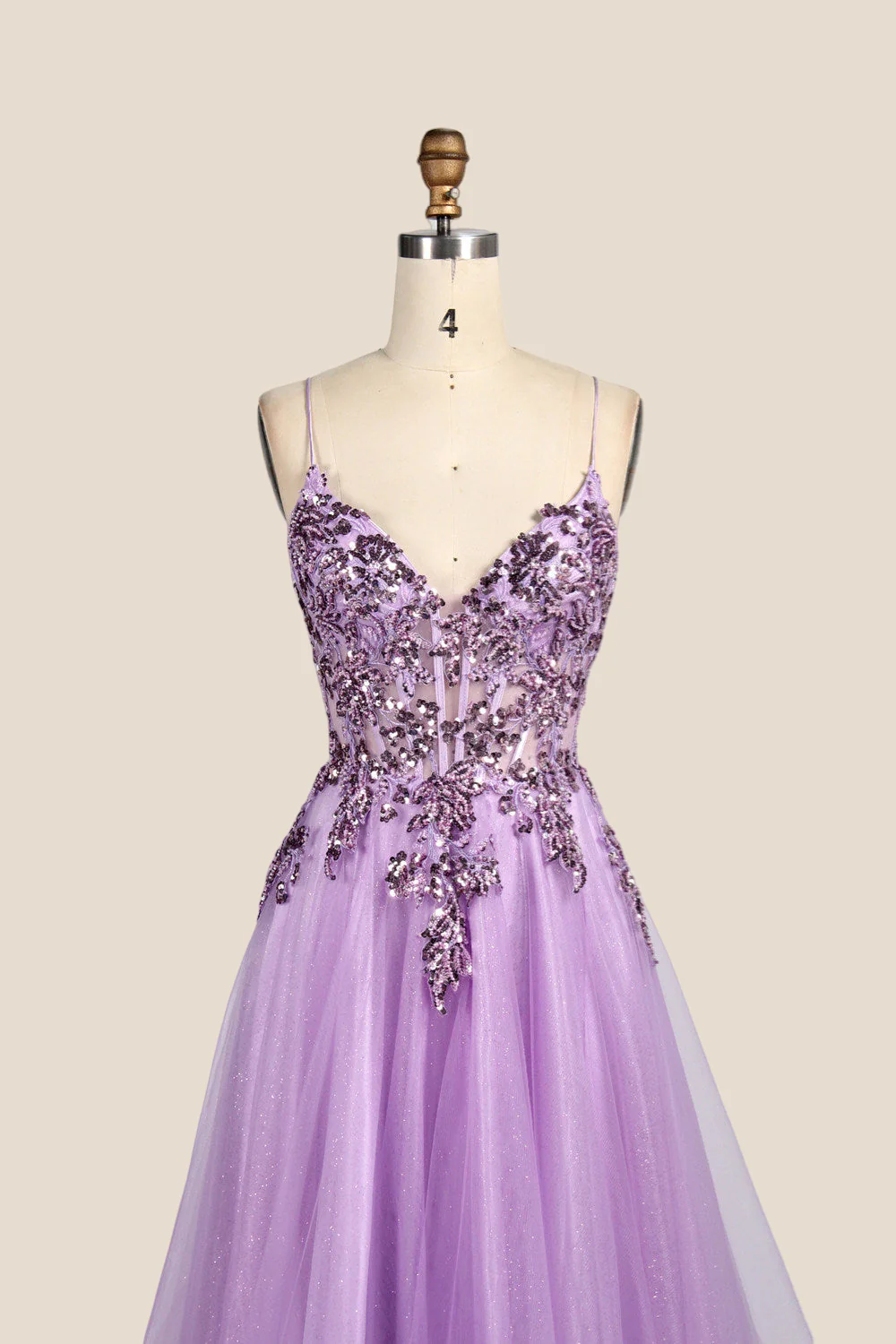 V-neck Lilac Sequin A-line Long Tulle Dress - Image 5
