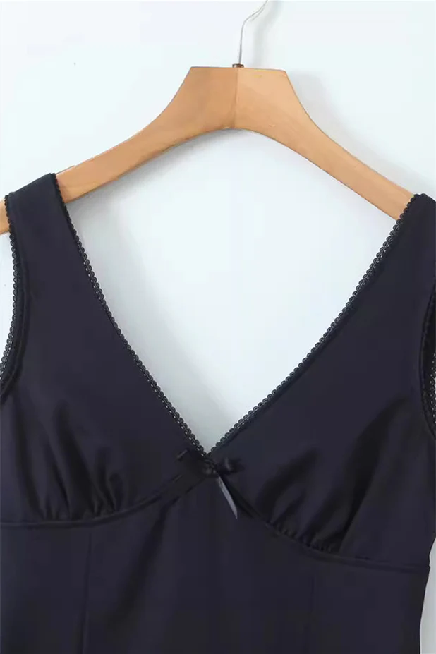 V Neck Navy Blue Bow Pleated Short Dress - Image 3