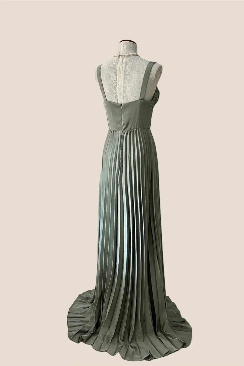 V-neck Olive Green Pleated Long Chiffon Dress - Image 2