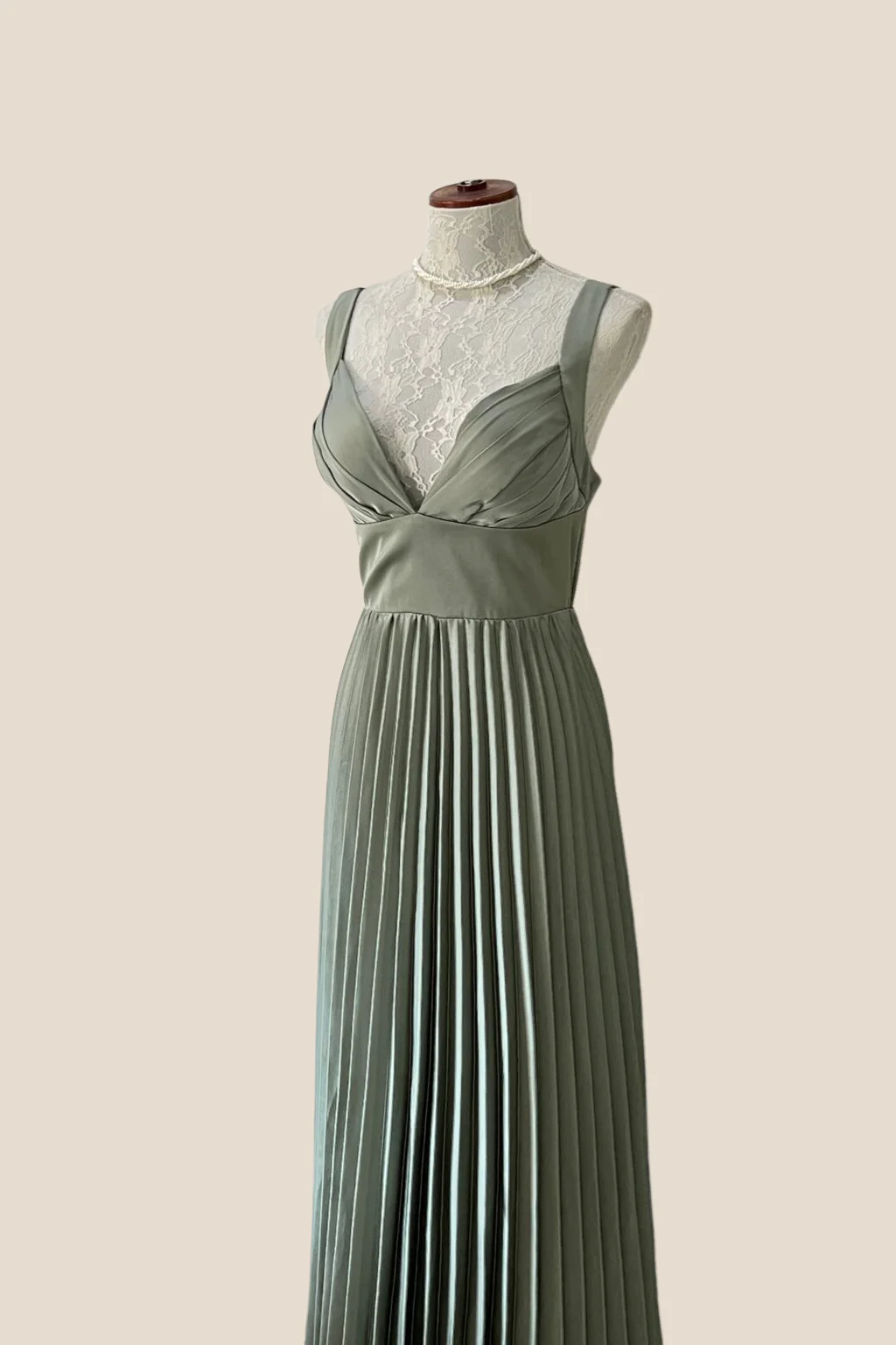 V-neck Olive Green Pleated Long Chiffon Dress - Image 3
