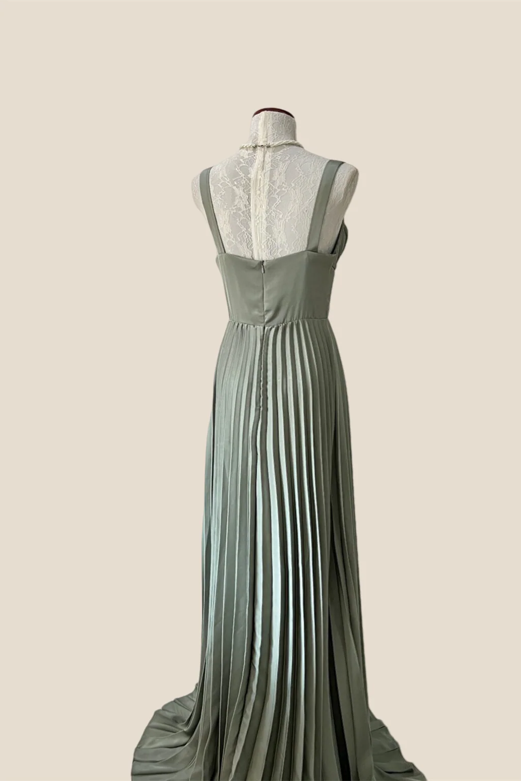 V-neck Olive Green Pleated Long Chiffon Dress - Image 4