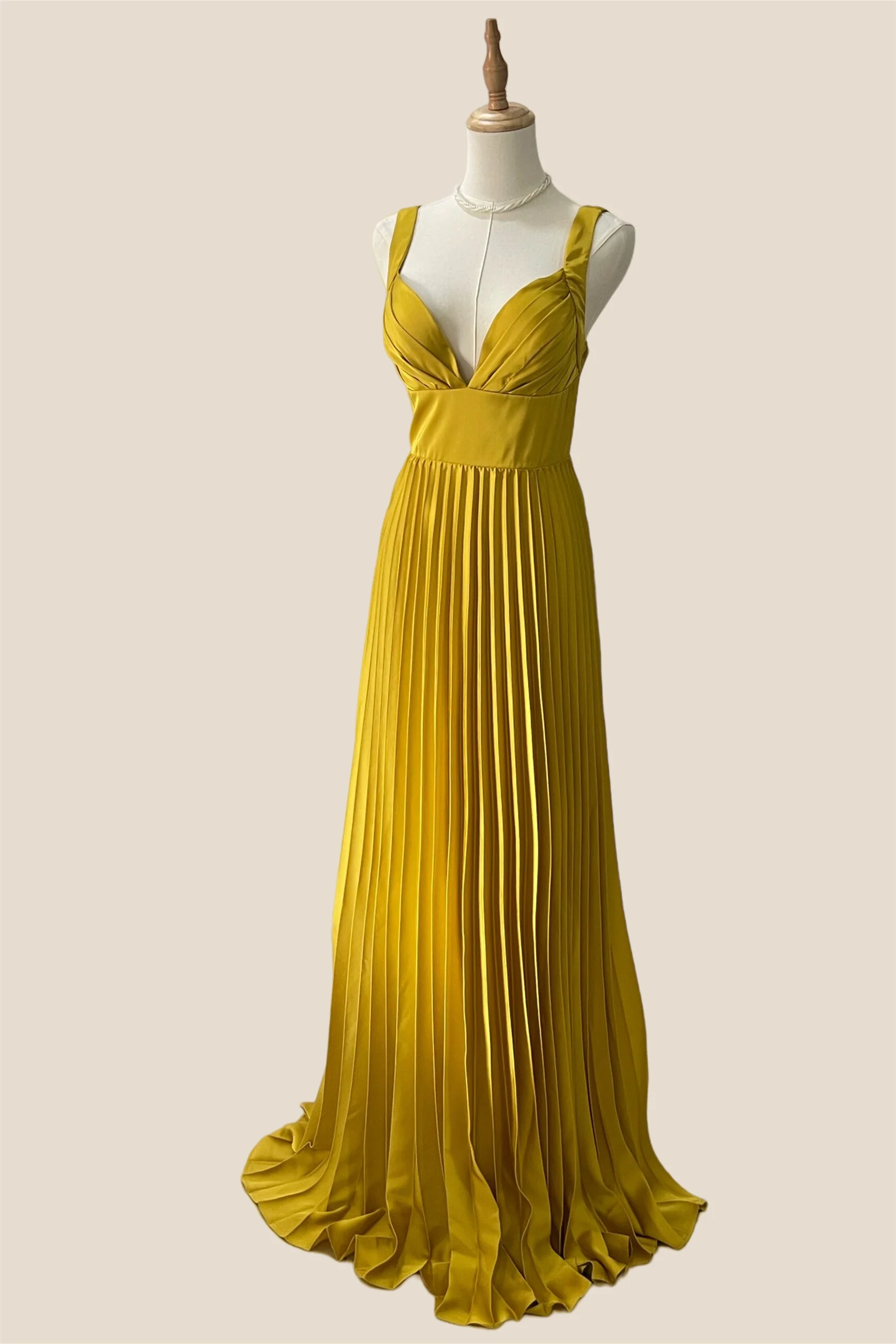 V-neck Olive Green Pleated Long Chiffon Dress - Image 5