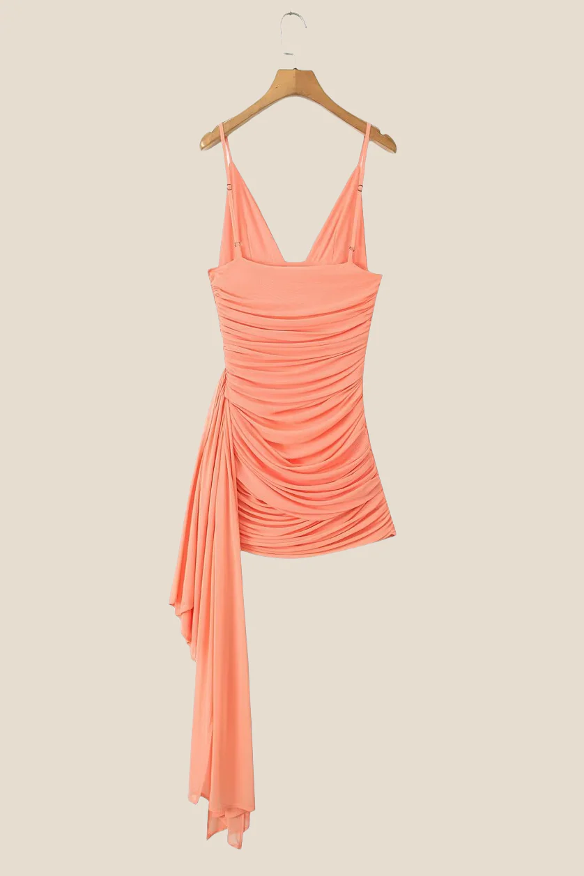 V-neck Orange Ruched Short Dress with Streamer - Image 2
