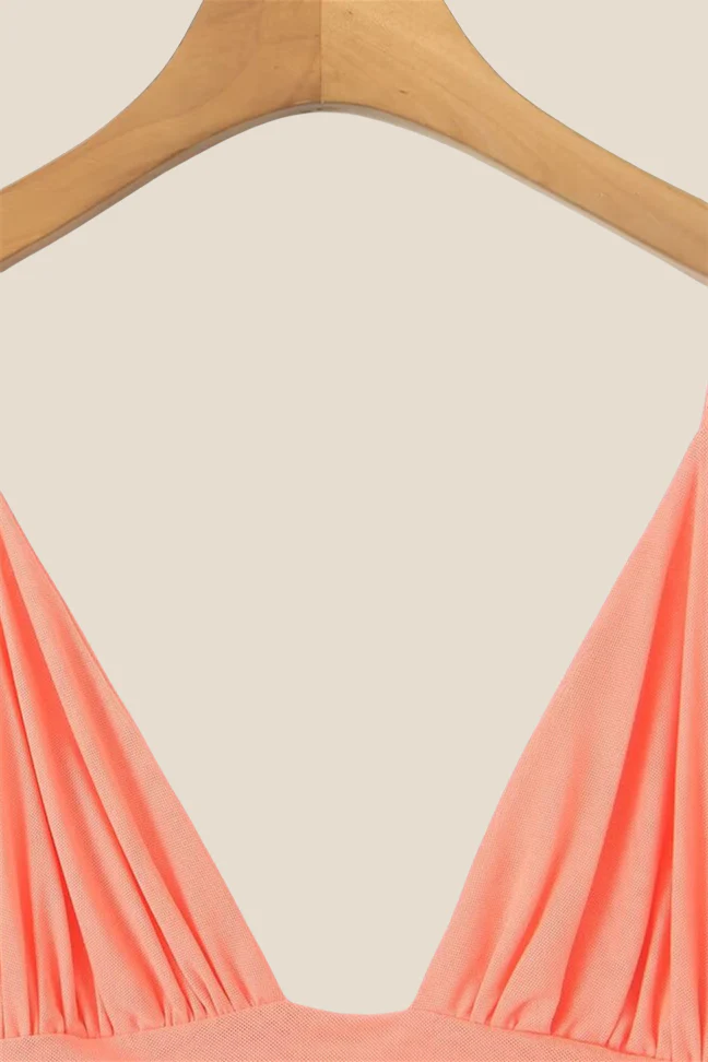 V-neck Orange Ruched Short Dress with Streamer - Image 3