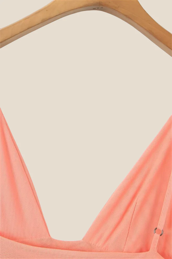 V-neck Orange Ruched Short Dress with Streamer - Image 4