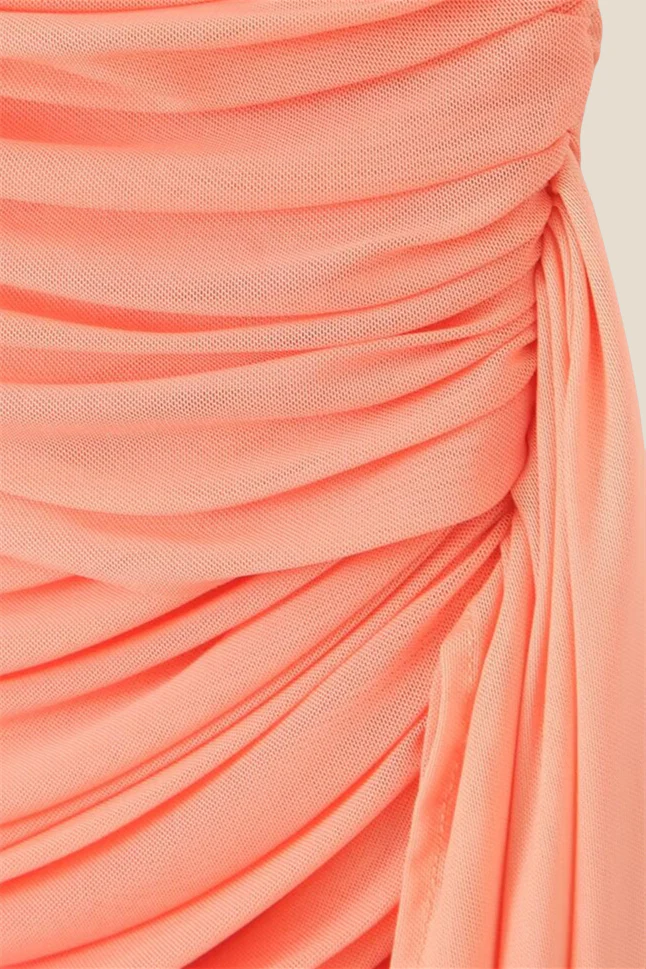 V-neck Orange Ruched Short Dress with Streamer - Image 5