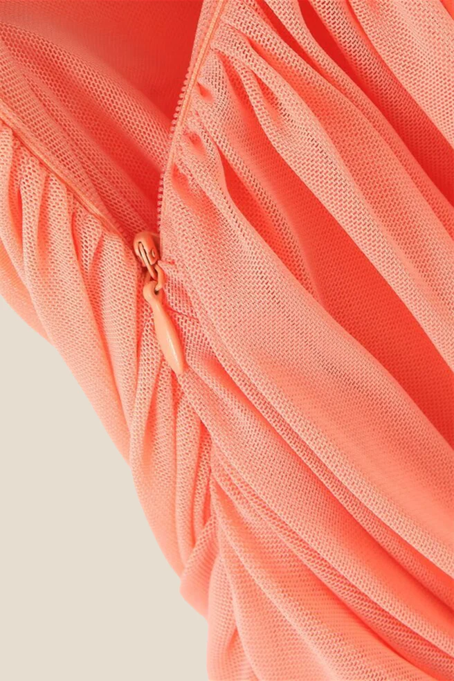 V-neck Orange Ruched Short Dress with Streamer - Image 6