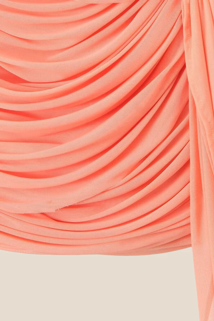 V-neck Orange Ruched Short Dress with Streamer - Image 8