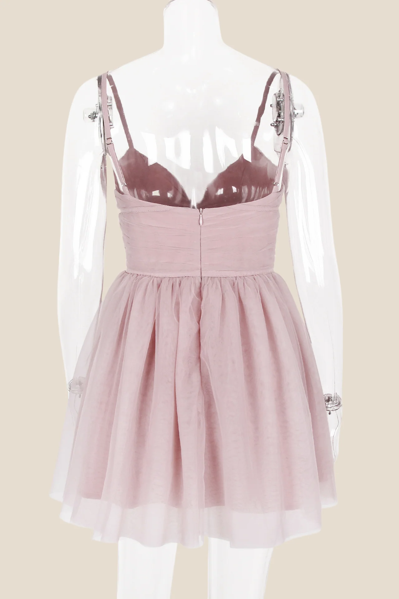 V-neck Pink Pleated A-line Short Tulle Dress - Image 4