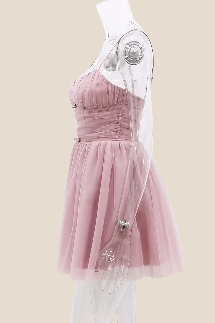 V-neck Pink Pleated A-line Short Tulle Dress - Image 5