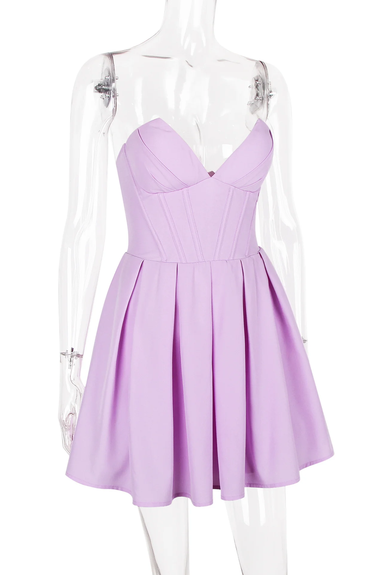 V-neck Lavender Pleated Short Party Dress - Image 6
