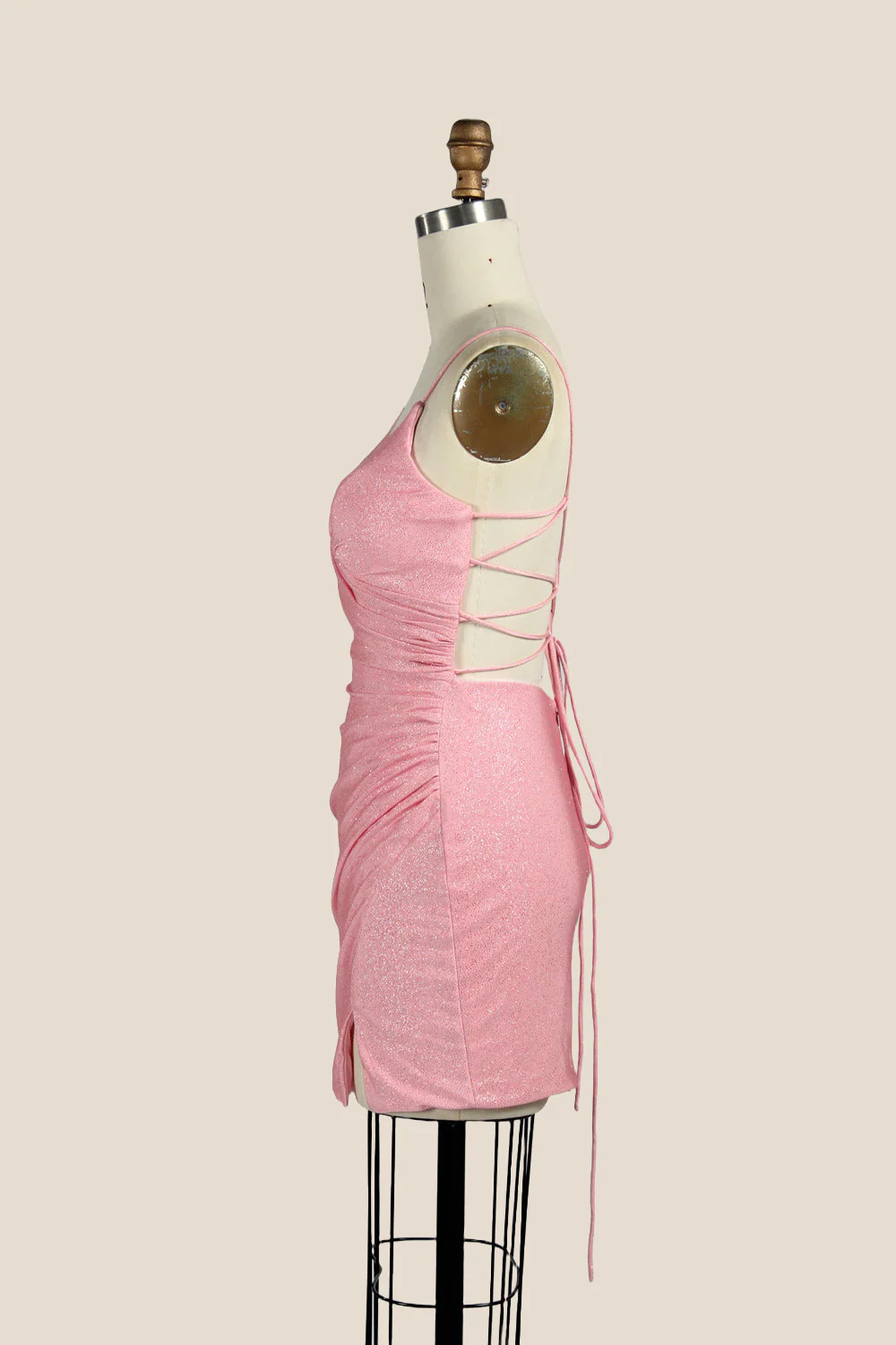 V-neck Pink Ruched Bodycon Short Dress - Image 3