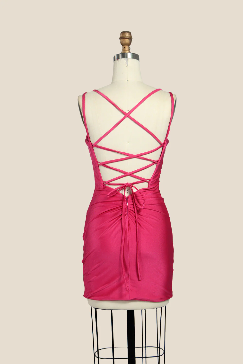 V-neck Pink Ruched Bodycon Short Dress - Image 6