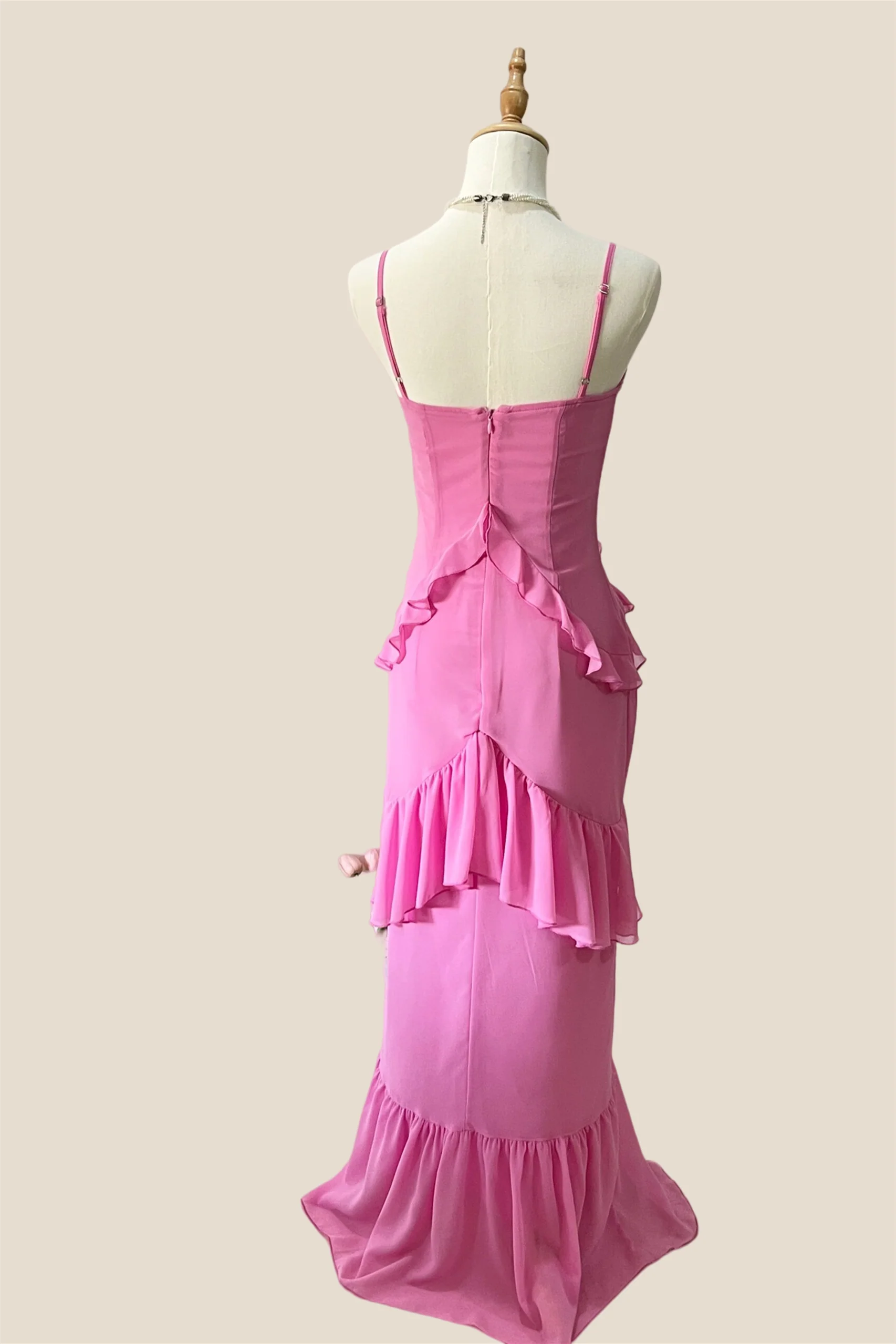 V-neck Pink Ruffle Hem Long Dress with Slit - Image 2