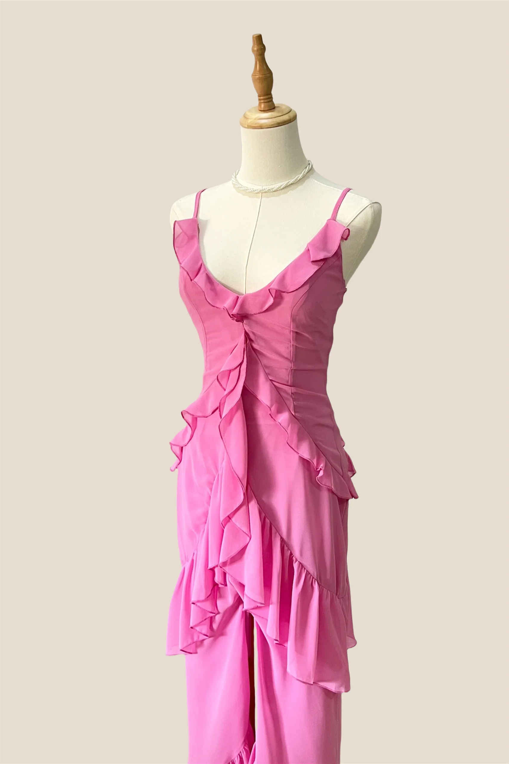 V-neck Pink Ruffle Hem Long Dress with Slit - Image 3