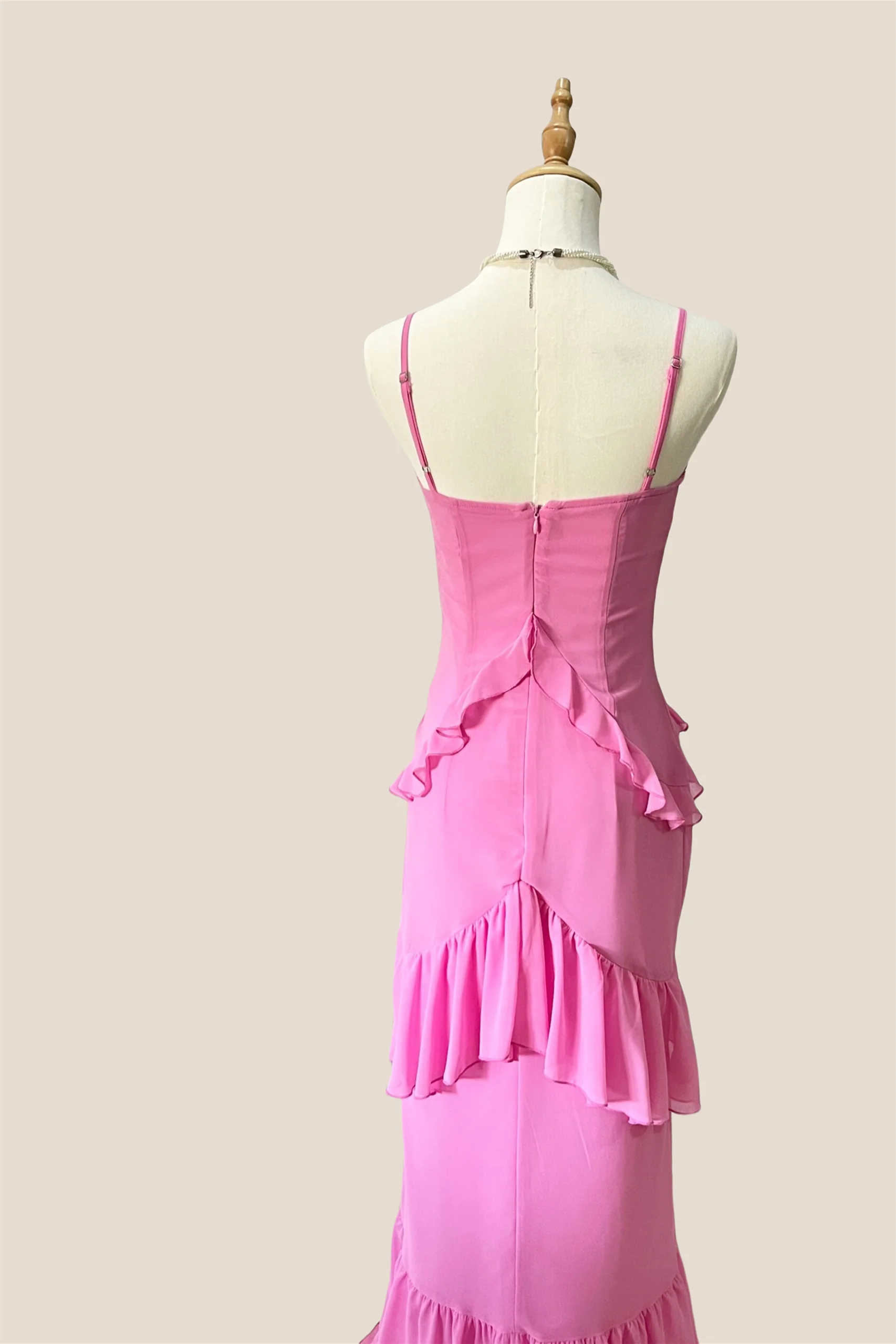 V-neck Pink Ruffle Hem Long Dress with Slit - Image 4