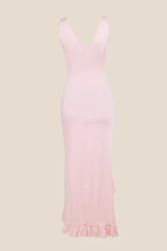 V-neck Pink Ruffle Hem Long Dress with Slit - Image 2