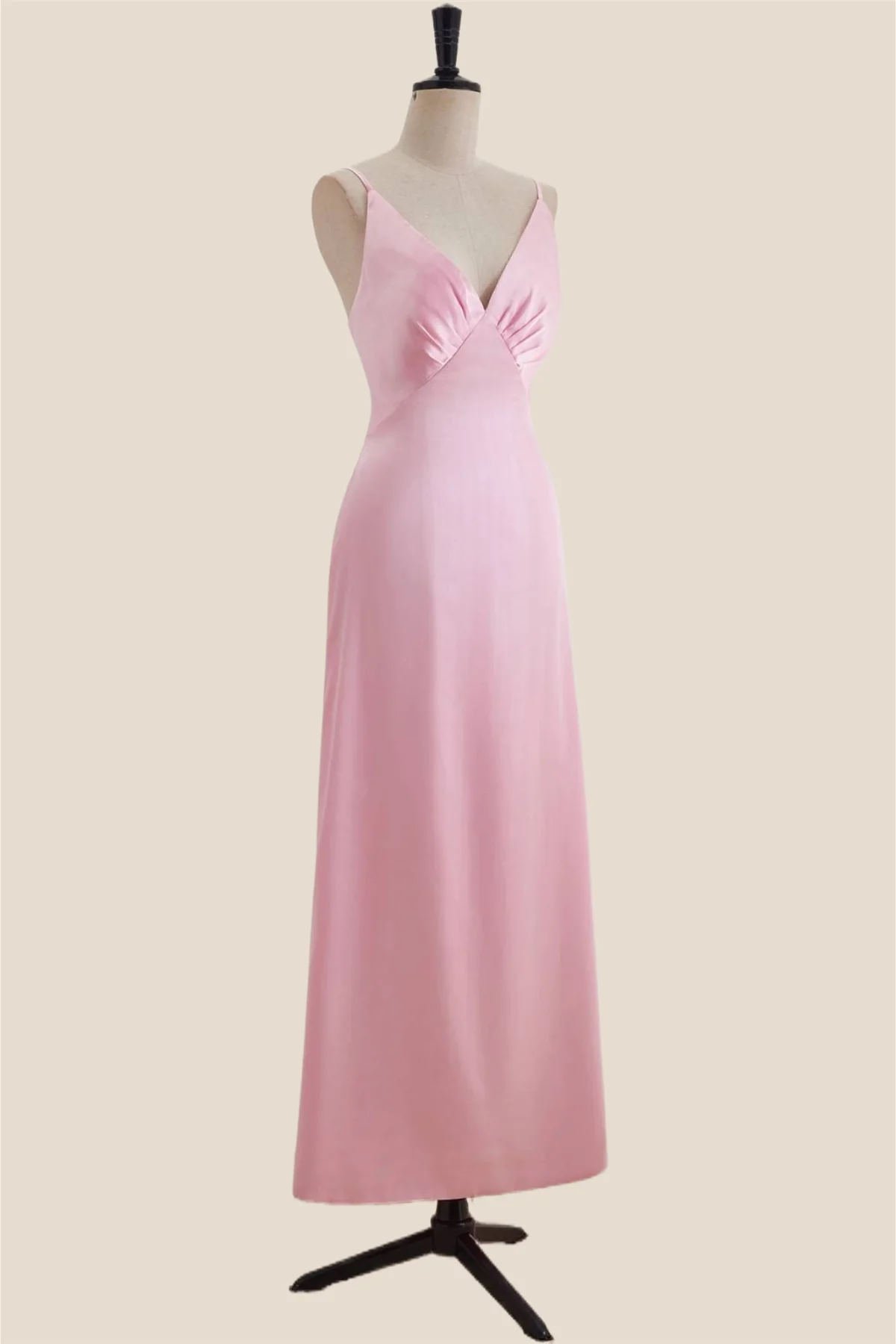V Neck Pink Satin A-line Long Party Dress - Image 3