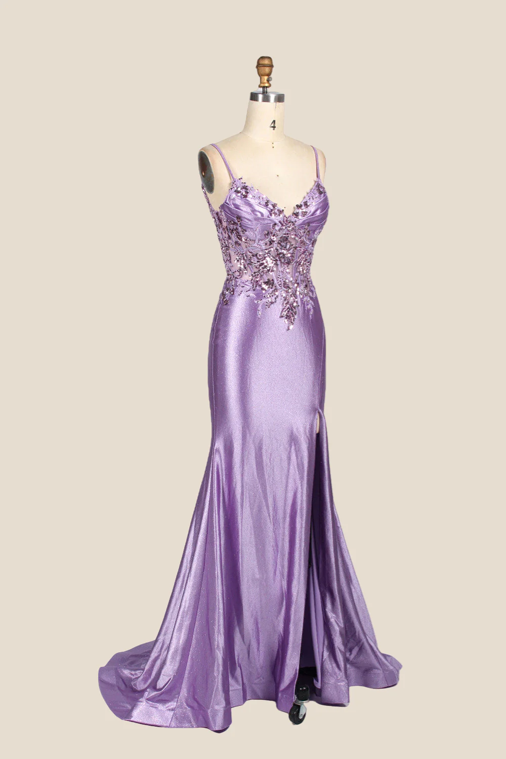 V-neck Purple Sequin Mermaid Long Dress with Slit - Image 3