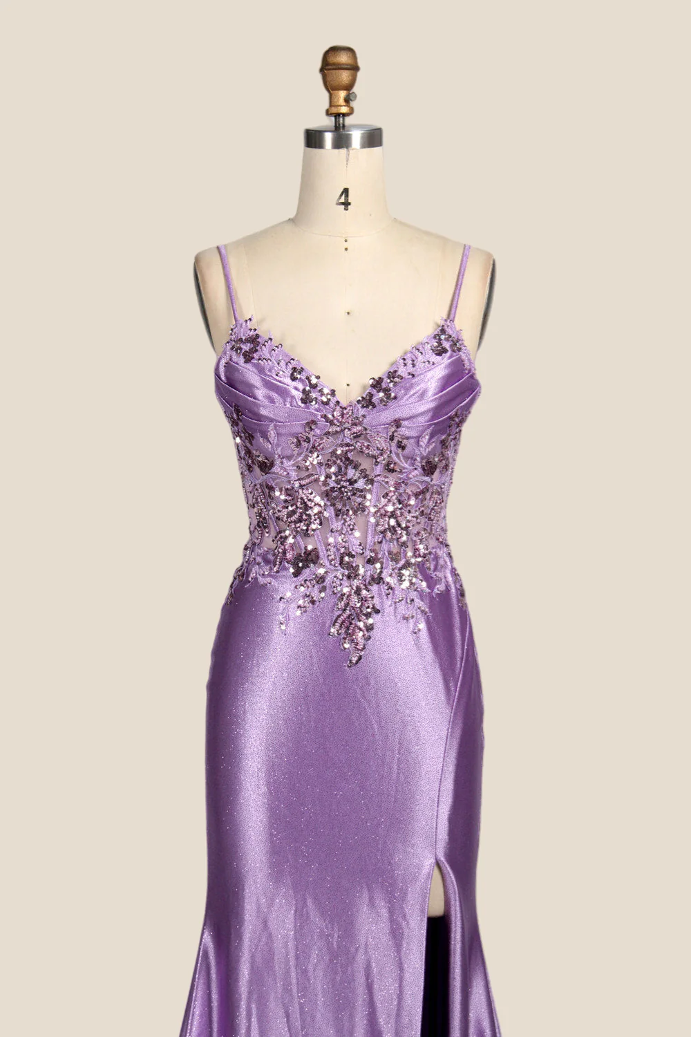 V-neck Purple Sequin Mermaid Long Dress with Slit - Image 4