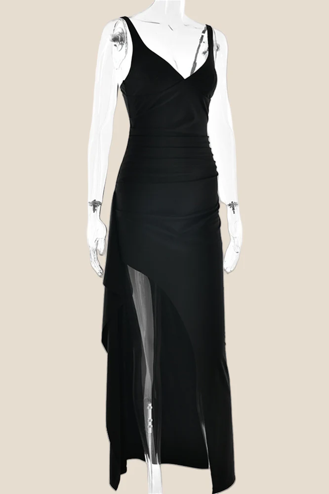 V-neck Red High Slit Ruched Long Dress - Image 11