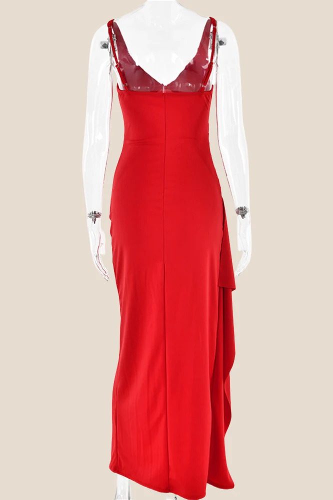 V-neck Red High Slit Ruched Long Dress - Image 2