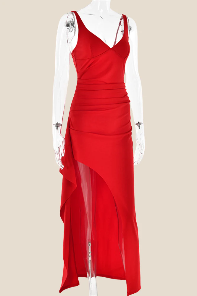 V-neck Red High Slit Ruched Long Dress - Image 3