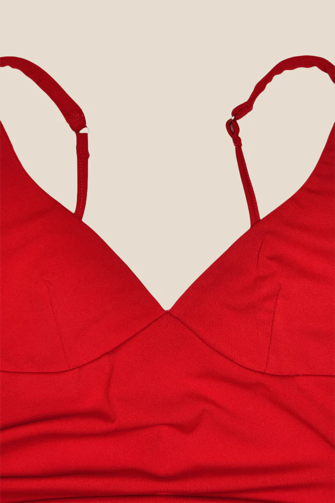 V-neck Red High Slit Ruched Long Dress - Image 4