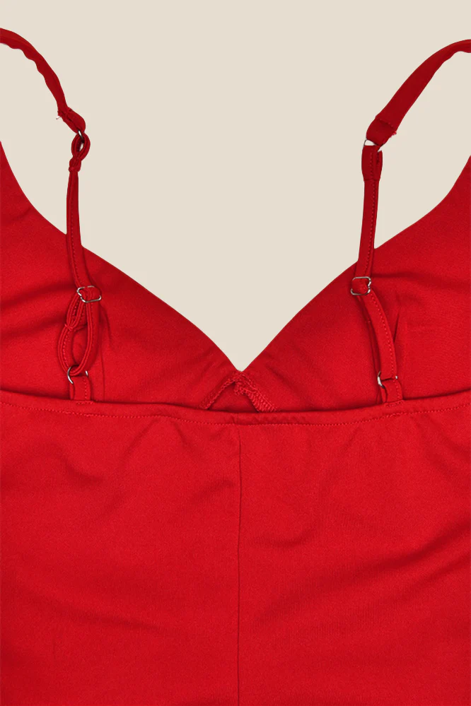 V-neck Red High Slit Ruched Long Dress - Image 5