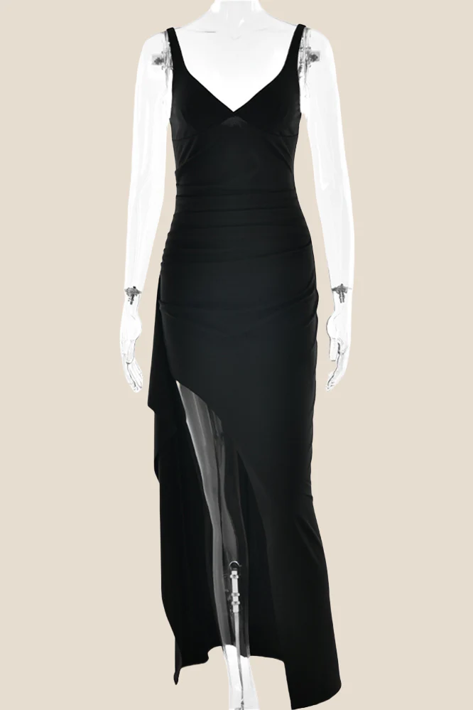 V-neck Red High Slit Ruched Long Dress - Image 9