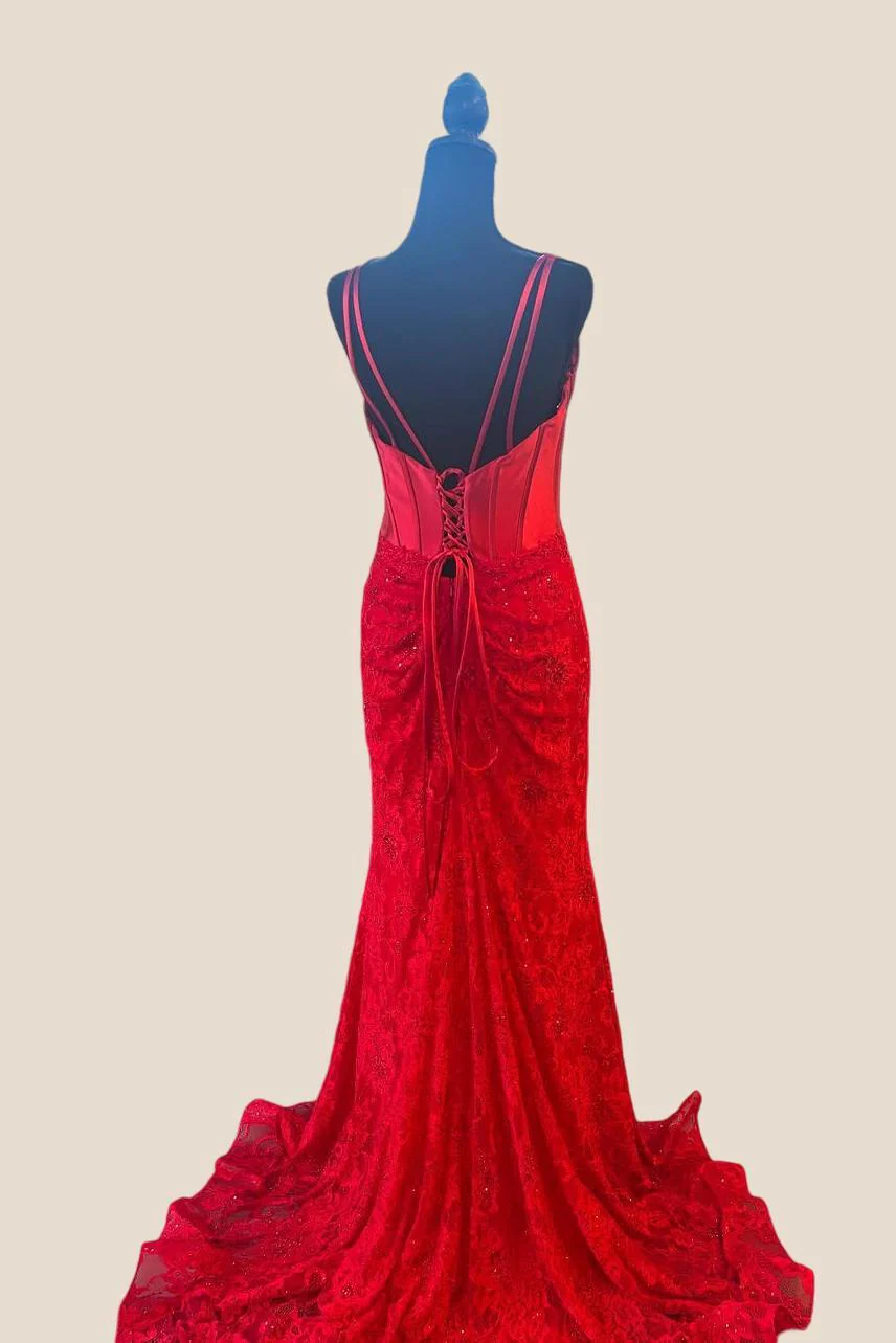 V-neck Red Lace Appliques Mermaid Long Dress - Image 2
