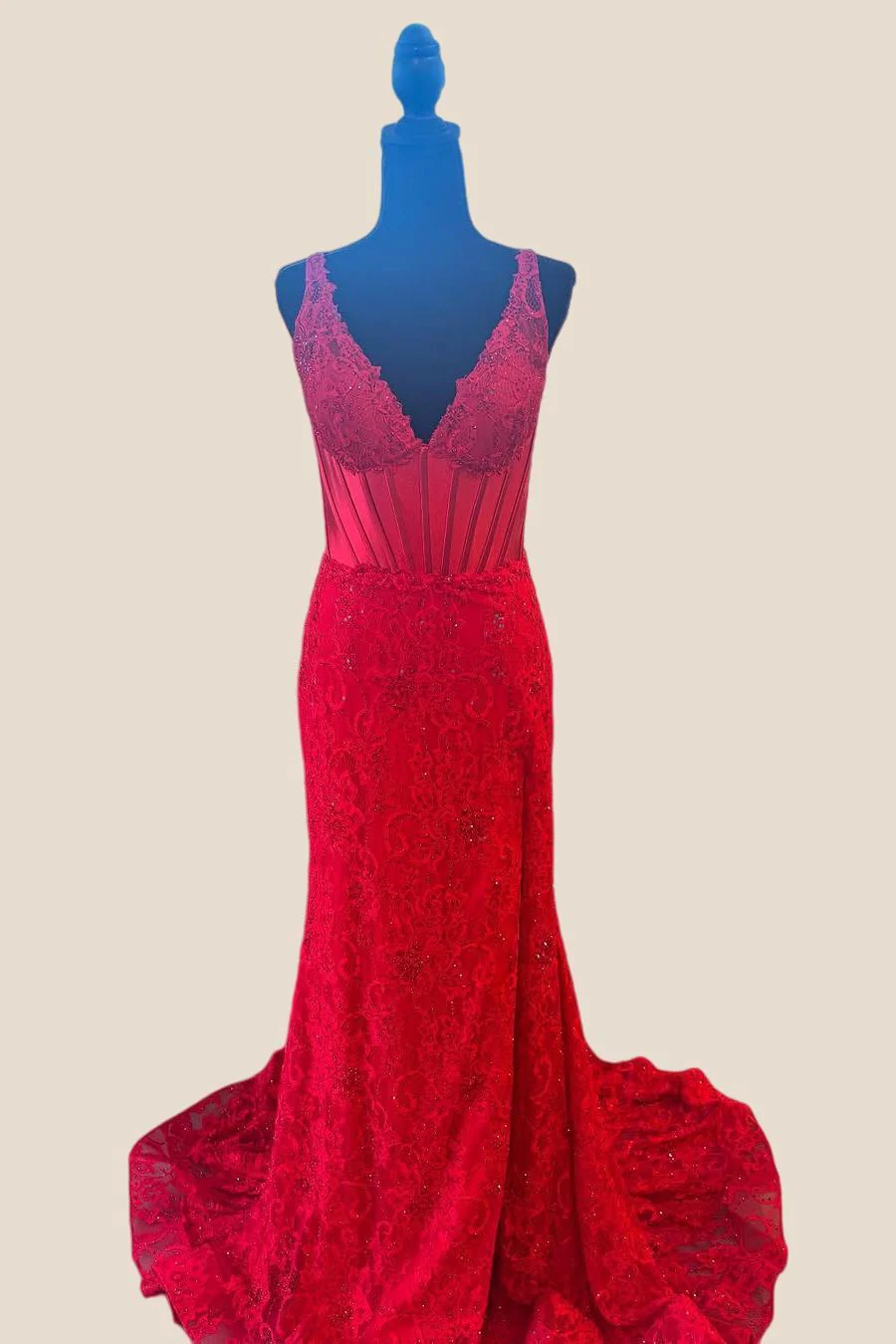 V-neck Red Lace Appliques Mermaid Long Dress - Image 3