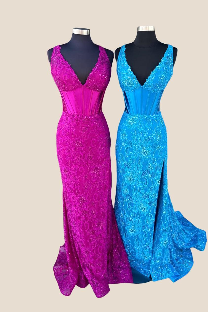 V-neck Red Lace Appliques Mermaid Long Dress - Image 4